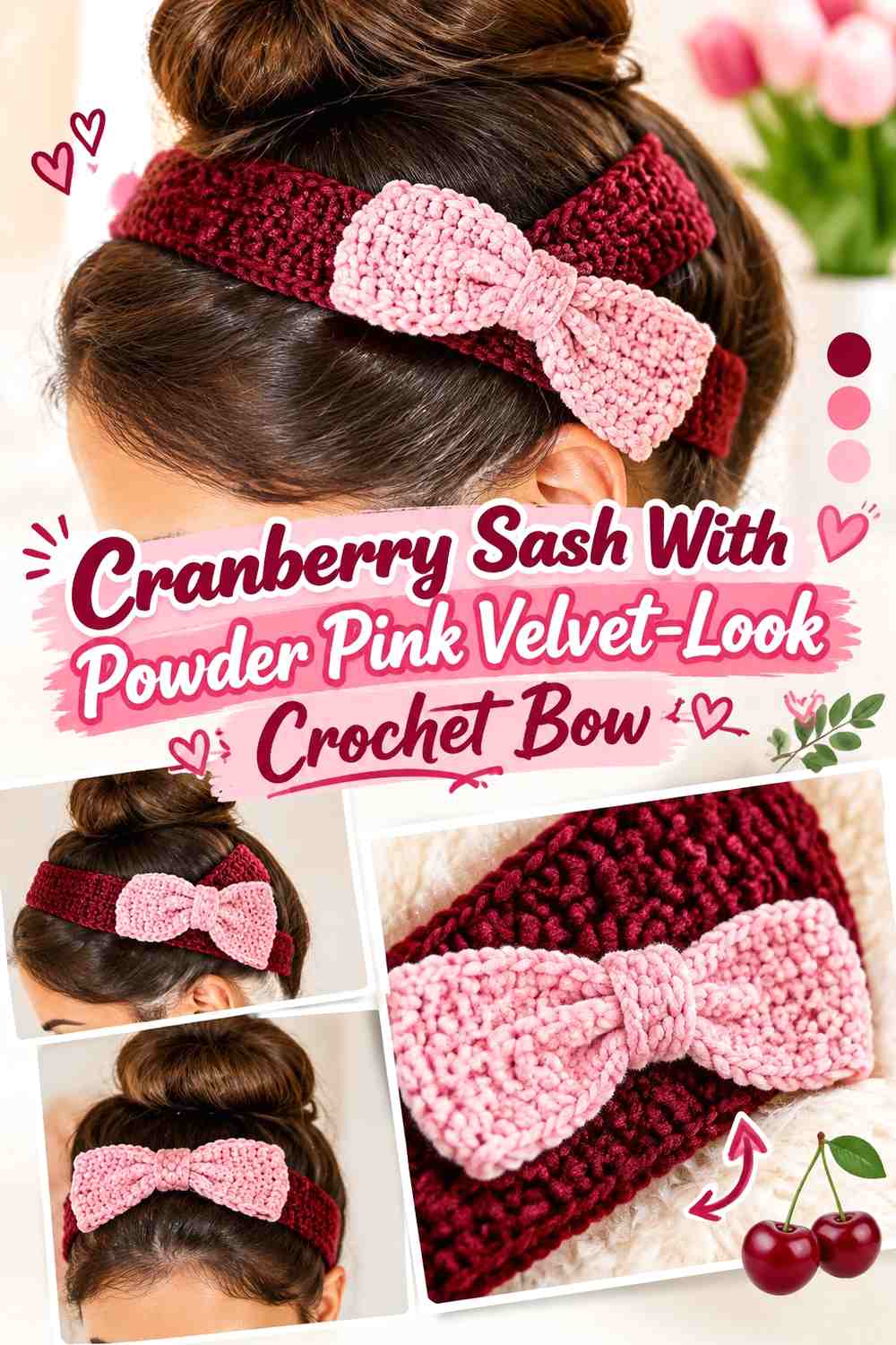 Cranberry Sash With Powder Pink Velvet-Look Crochet Bow