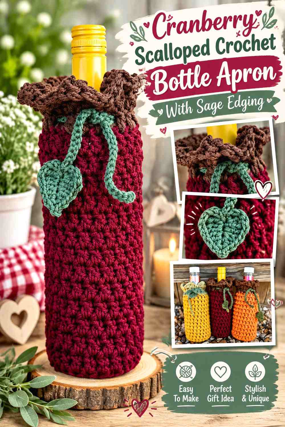 Cranberry Scalloped Crochet Bottle Apron With Sage Edging