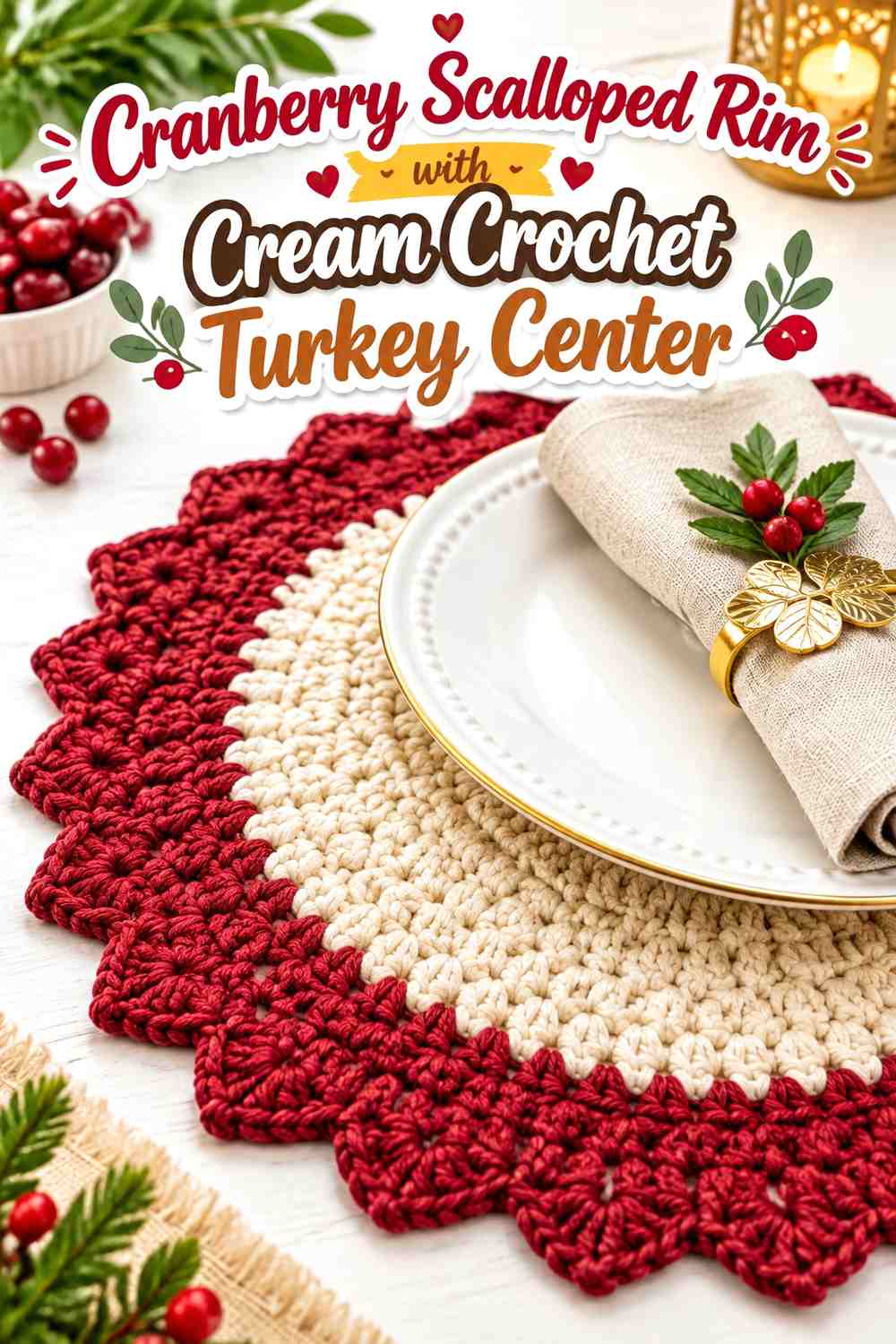 Cranberry Scalloped Rim with Cream Crochet Turkey Center