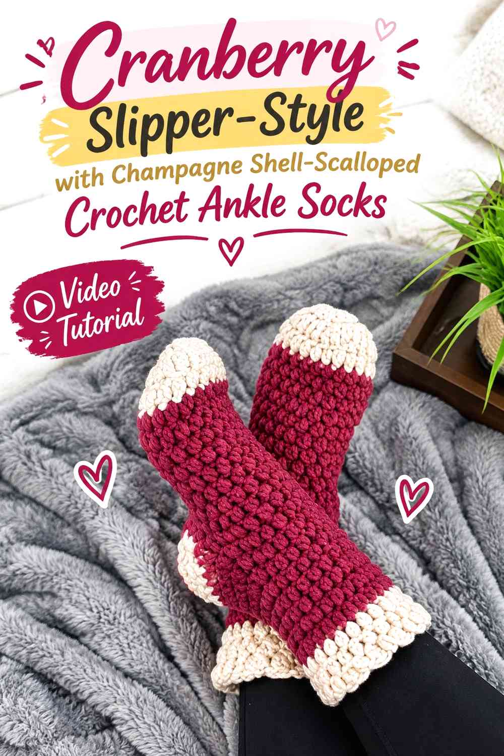 Cranberry Slipper-Style with Champagne Shell-Scalloped Crochet Ankle Socks