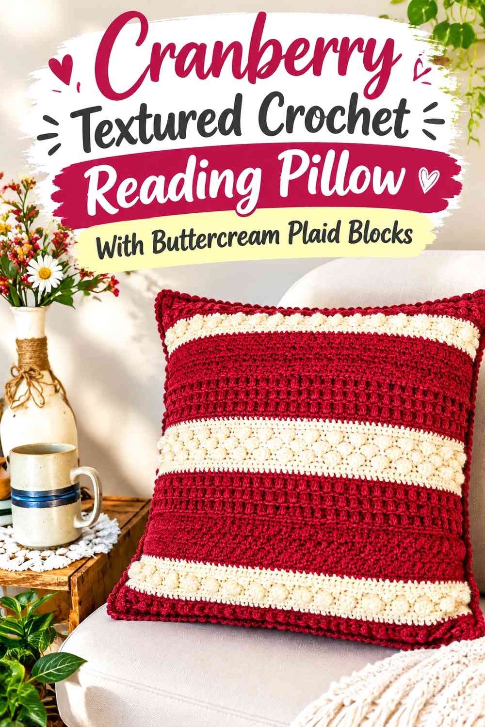 Cranberry Textured Crochet Reading Pillow With Buttercream Plaid Blocks