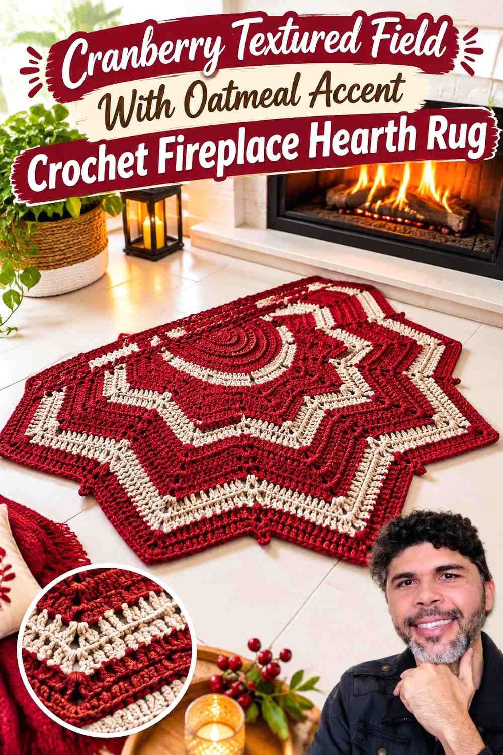 Cranberry Textured Field With Oatmeal Accent Crochet Fireplace Hearth Rug