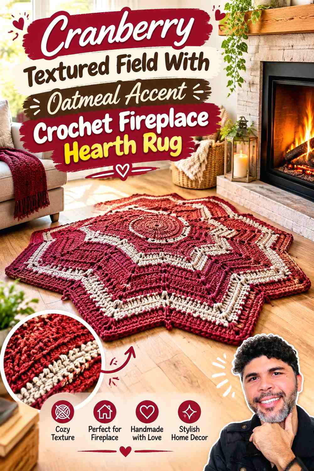 Cranberry Textured Field With Oatmeal Accent Crochet Fireplace Hearth Rug