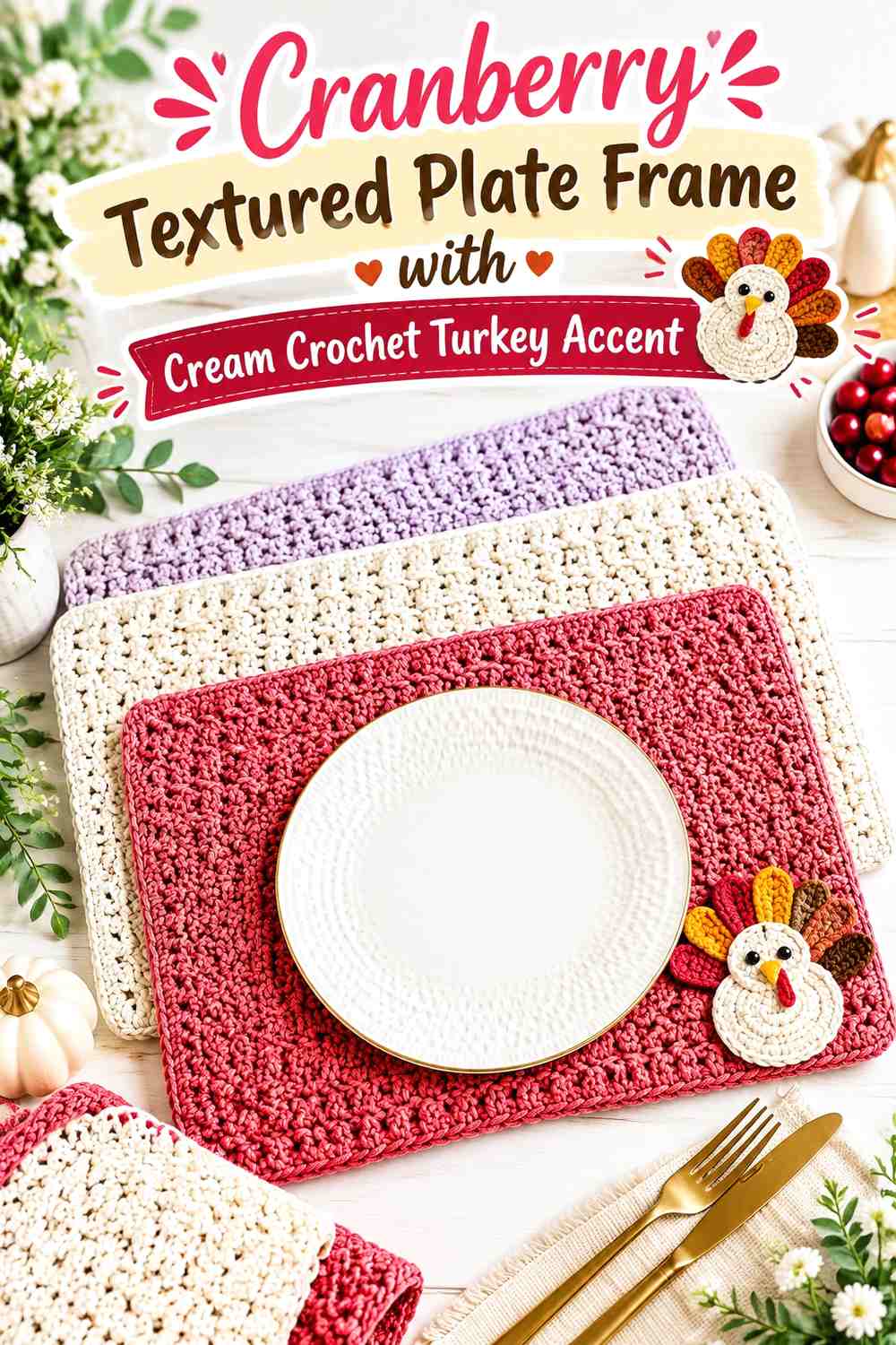 Cranberry Textured Plate Frame with Cream Crochet Turkey Accent