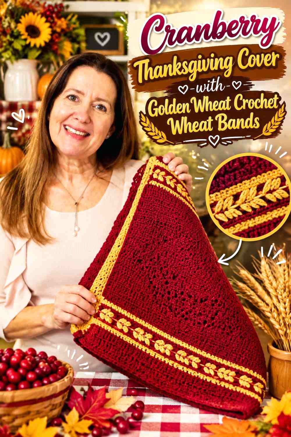 Cranberry Thanksgiving Cover with Golden Wheat Crochet Wheat Bands