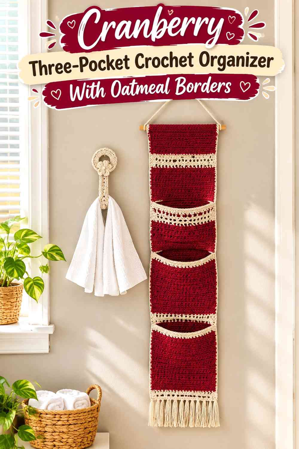 Cranberry Three-Pocket Crochet Organizer With Oatmeal Borders
