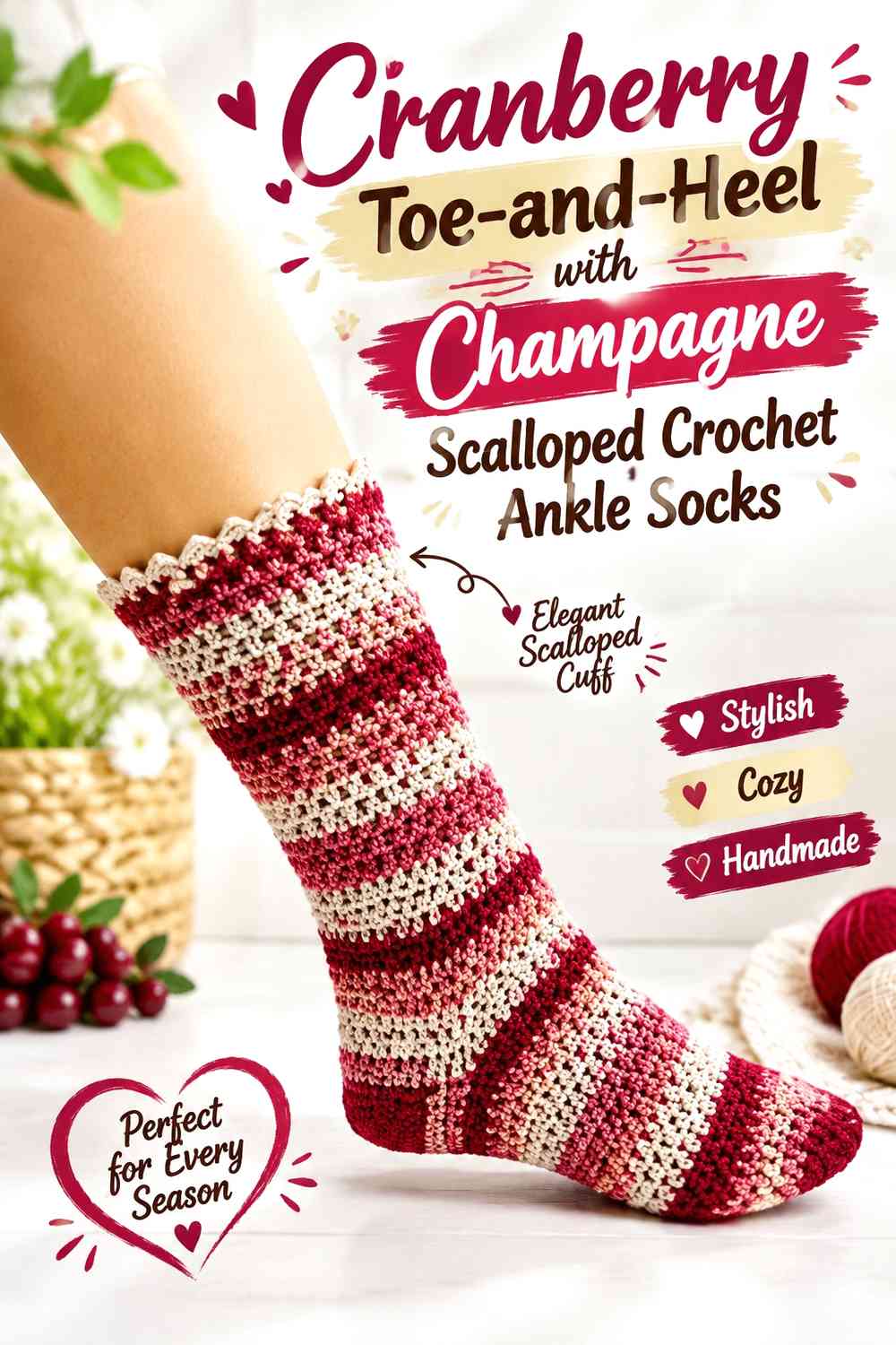 Cranberry Toe-and-Heel with Champagne Scalloped Crochet Ankle Socks