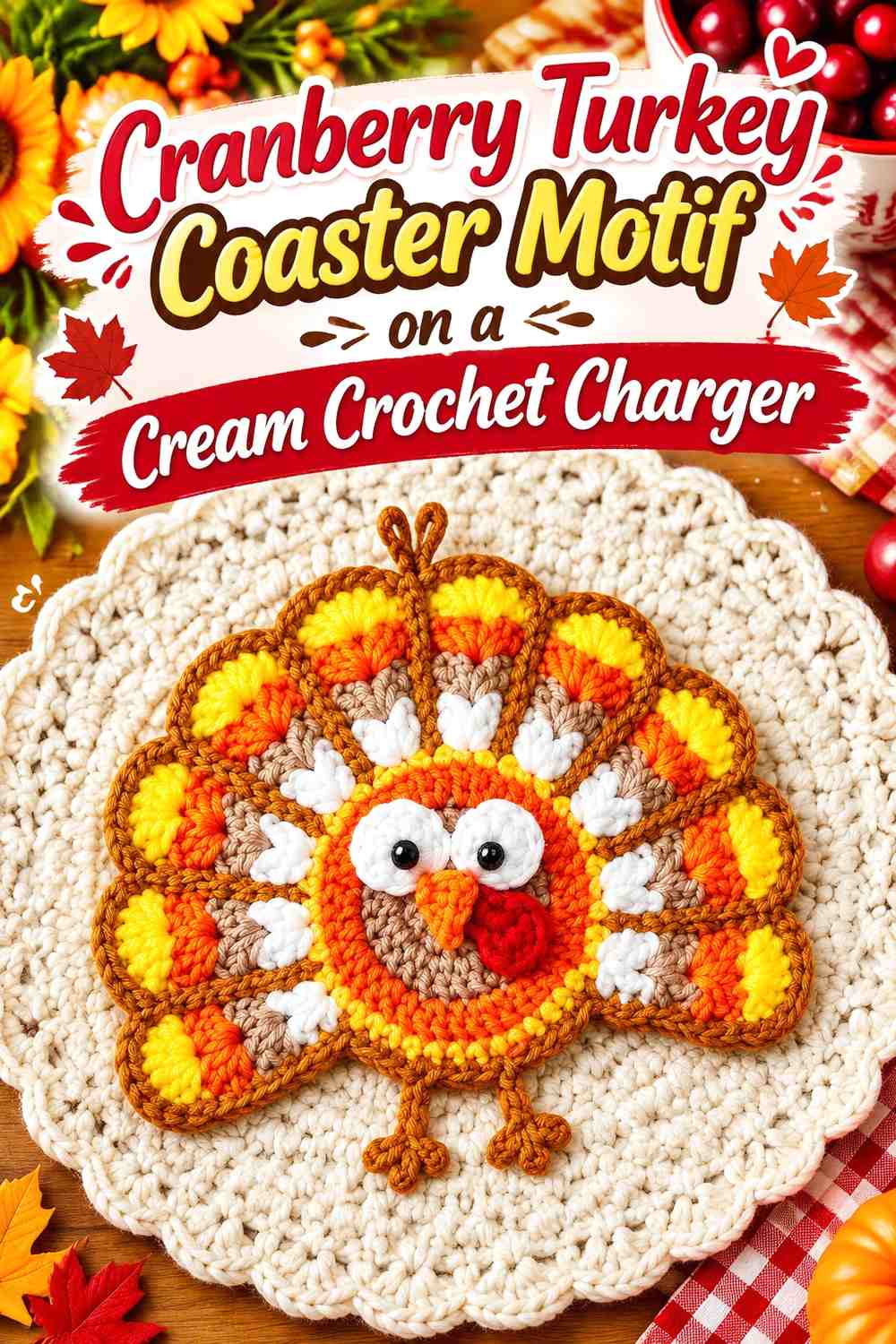 Cranberry Turkey Coaster Motif on a Cream Crochet Charger