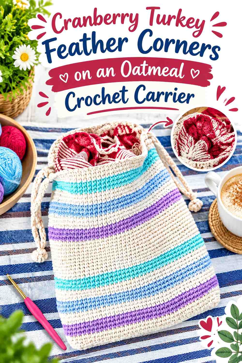 Cranberry Turkey Feather Corners on an Oatmeal Crochet Carrier