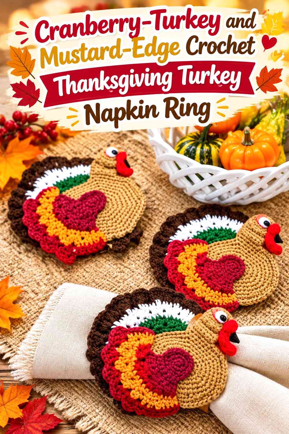Cranberry-Turkey and Mustard-Edge Crochet Thanksgiving Turkey Napkin Ring