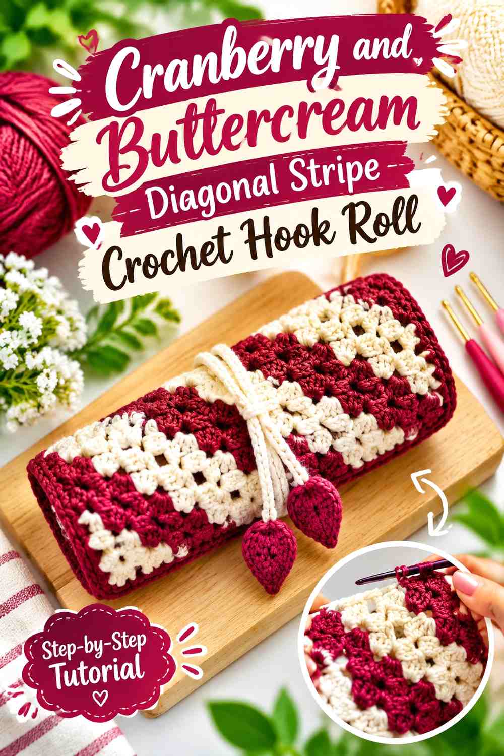 Cranberry and Buttercream Diagonal Stripe Crochet Hook Roll