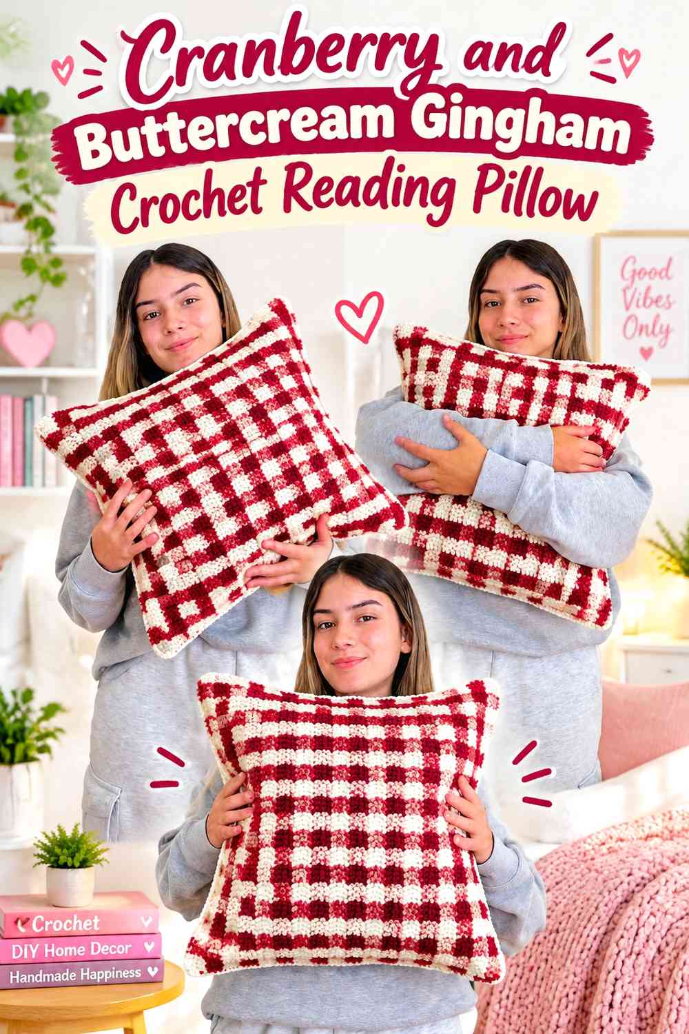 Cranberry and Buttercream Gingham Crochet Reading Pillow