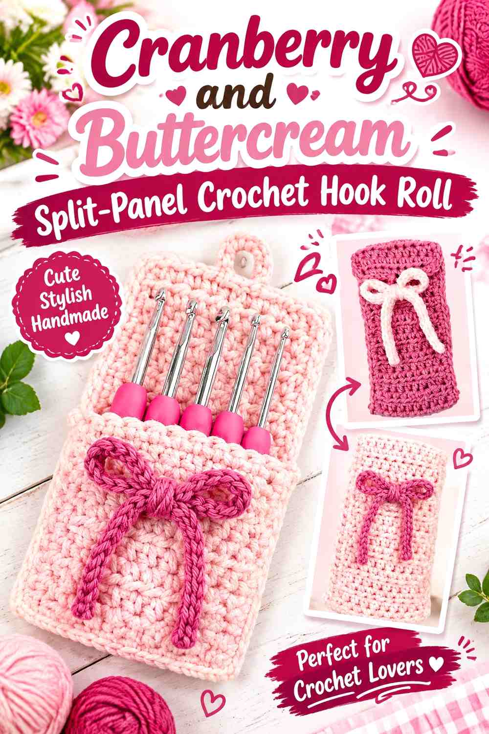 Cranberry and Buttercream Split-Panel Crochet Hook Roll