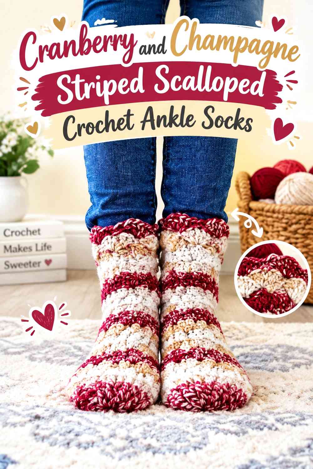 Cranberry and Champagne Striped Scalloped Crochet Ankle Socks