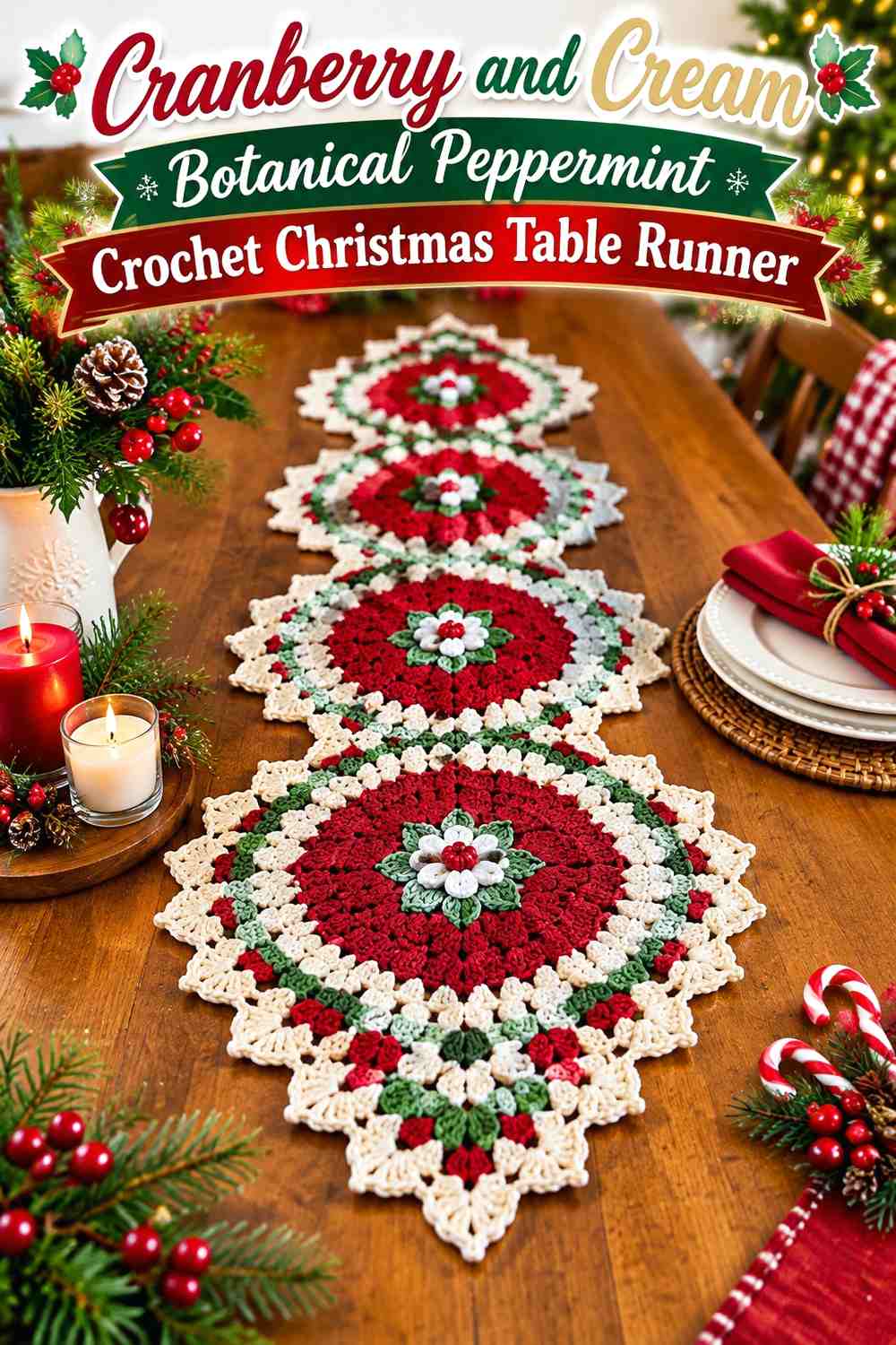 Cranberry and Cream Botanical Peppermint Crochet Christmas Table Runner