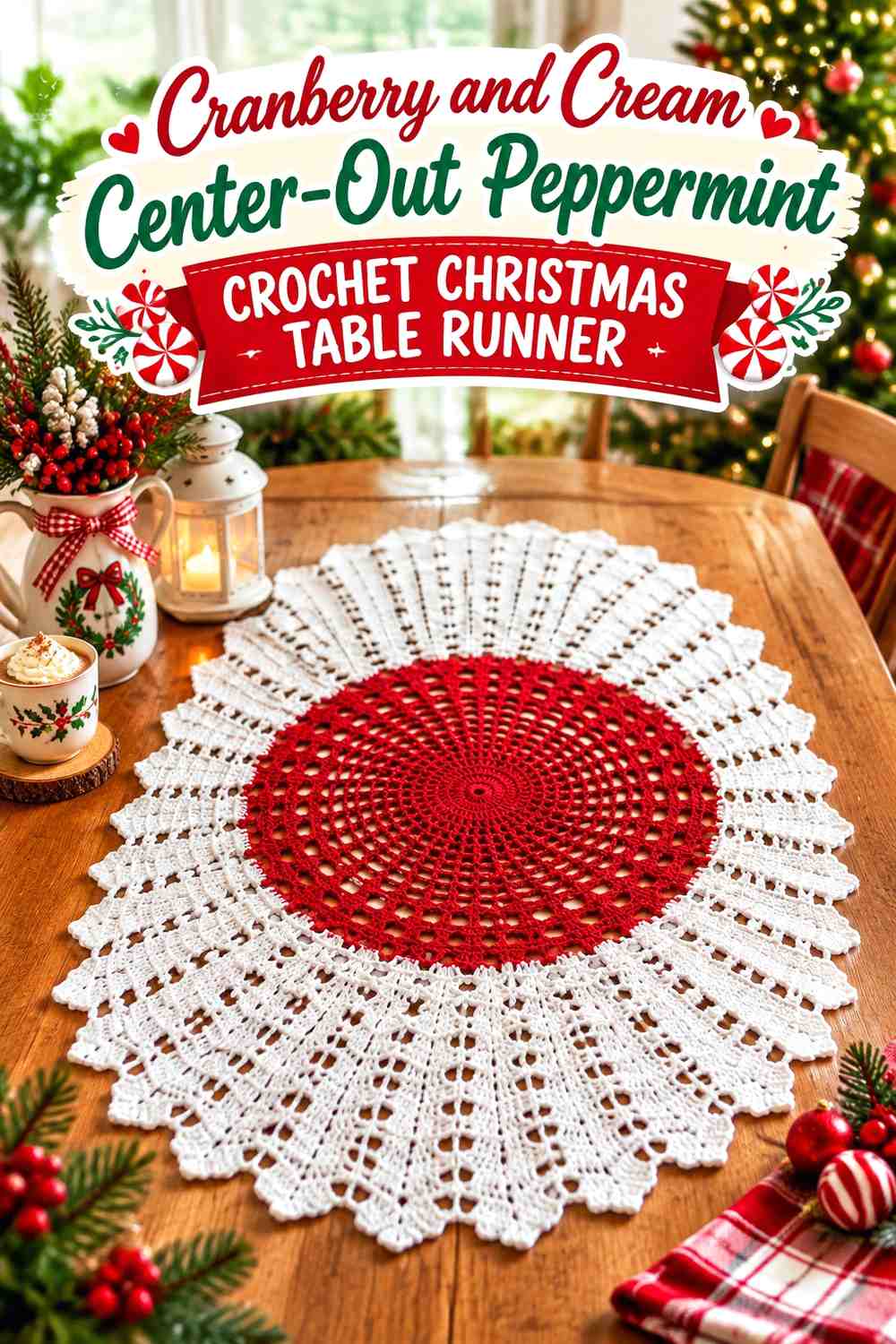 Cranberry and Cream Center-Out Peppermint Crochet Christmas Table Runner