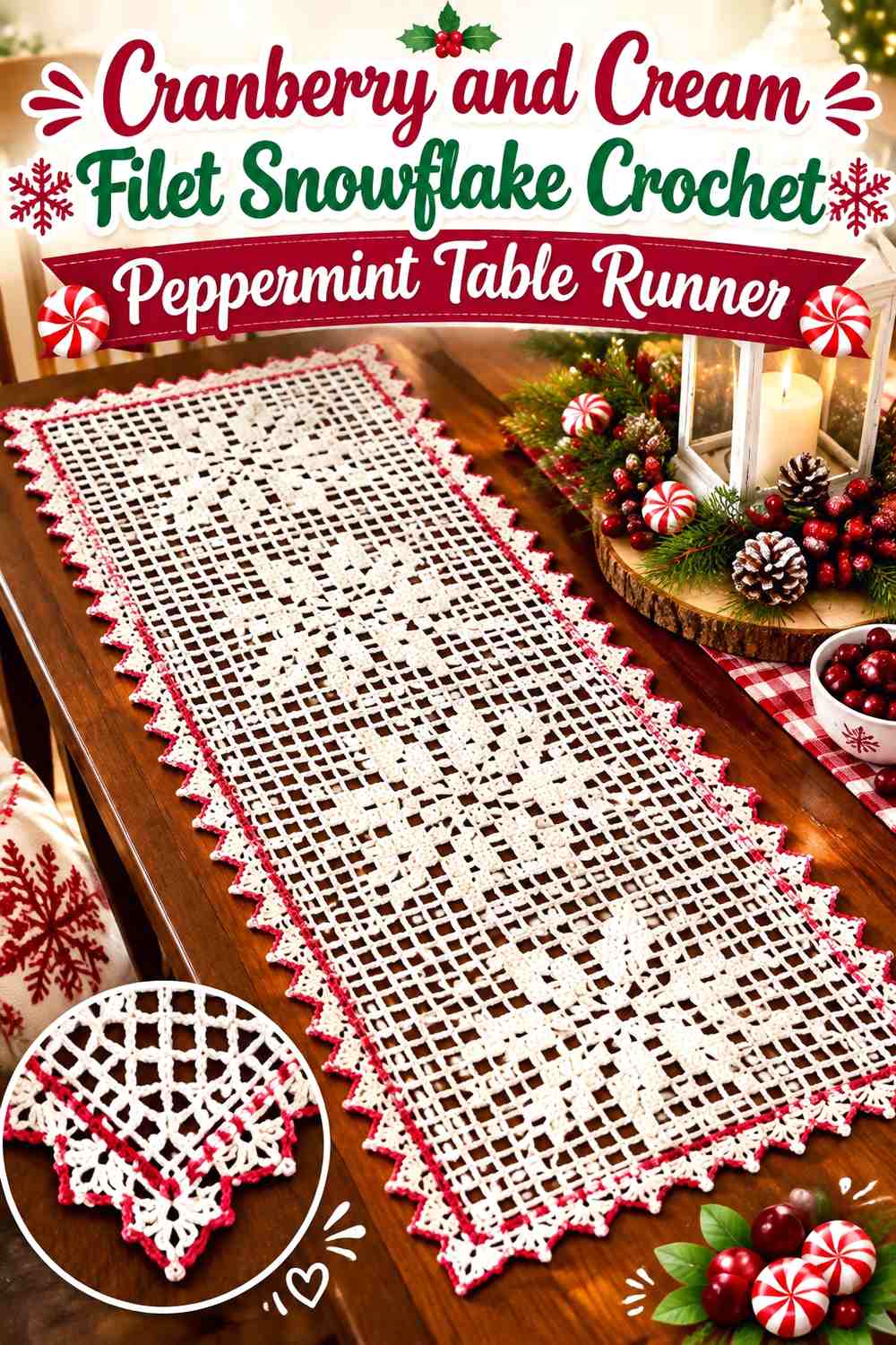 Cranberry and Cream Filet Snowflake Crochet Peppermint Table Runner