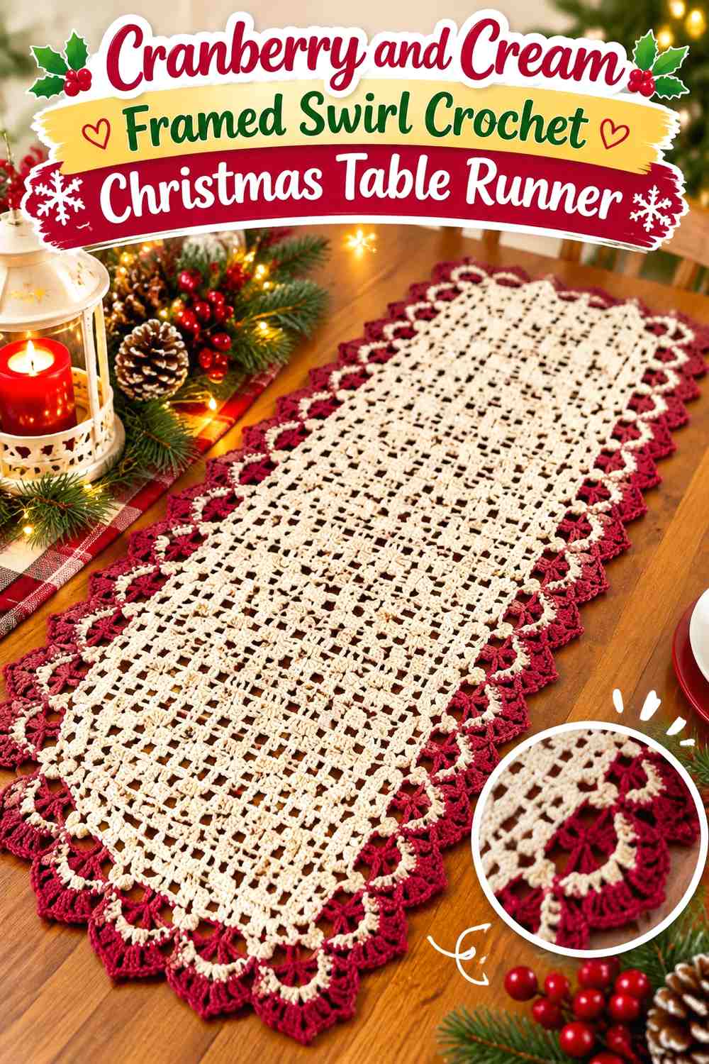 Cranberry and Cream Framed Swirl Crochet Christmas Table Runner