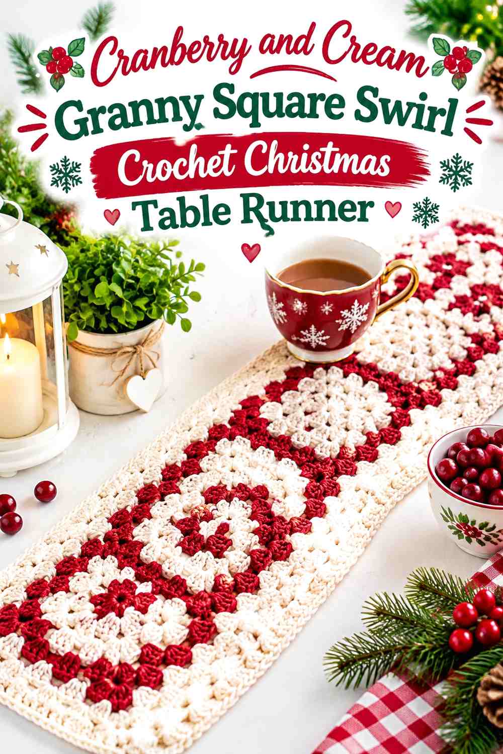 Cranberry and Cream Granny Square Swirl Crochet Christmas Table Runner