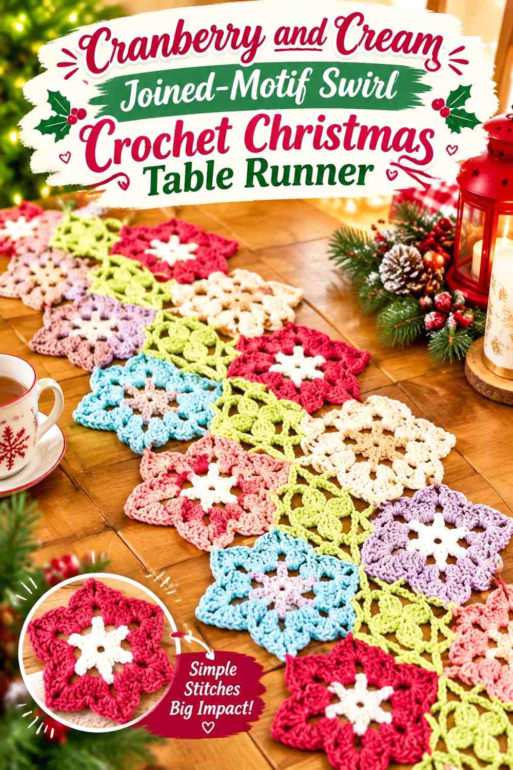 Cranberry and Cream Joined-Motif Swirl Crochet Christmas Table Runner