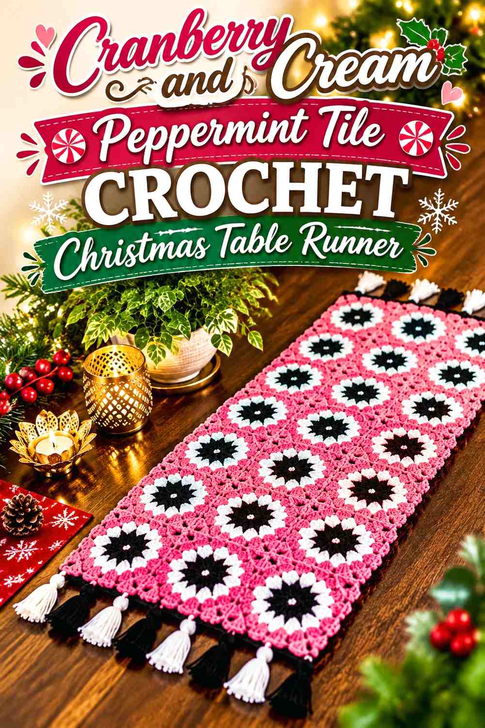 Cranberry and Cream Peppermint Tile Crochet Christmas Table Runner