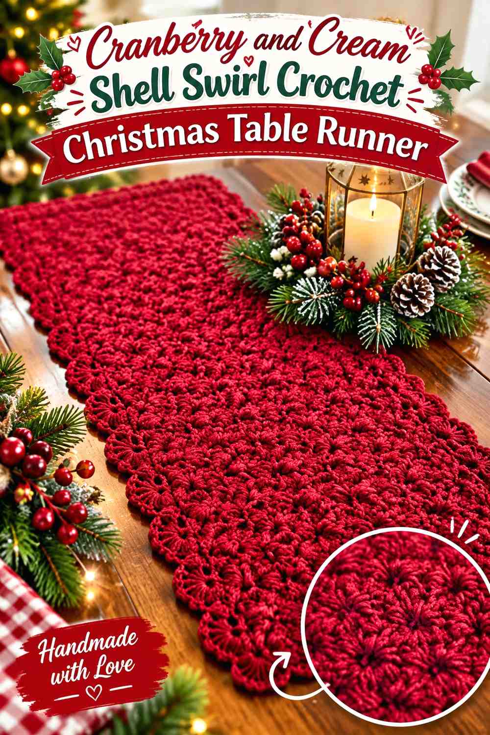 Cranberry and Cream Shell Swirl Crochet Christmas Table Runner