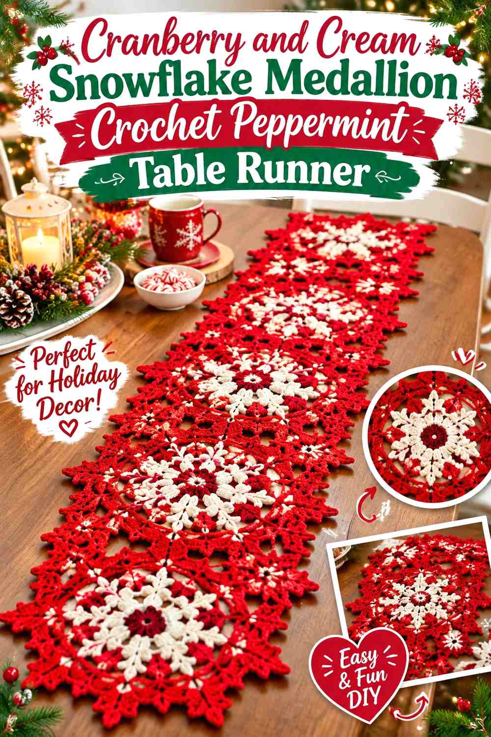 Cranberry and Cream Snowflake Medallion Crochet Peppermint Table Runner