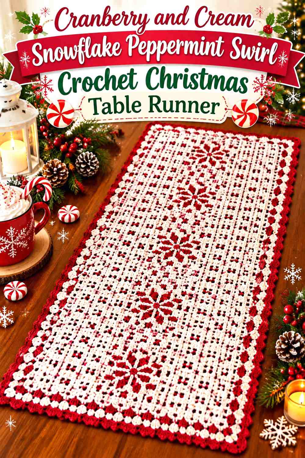 Cranberry and Cream Snowflake Peppermint Swirl Crochet Christmas Table Runner