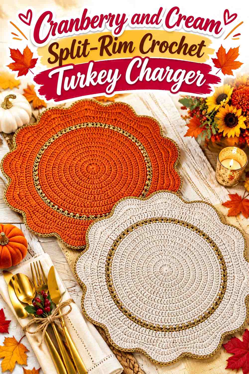 Cranberry and Cream Split-Rim Crochet Turkey Charger