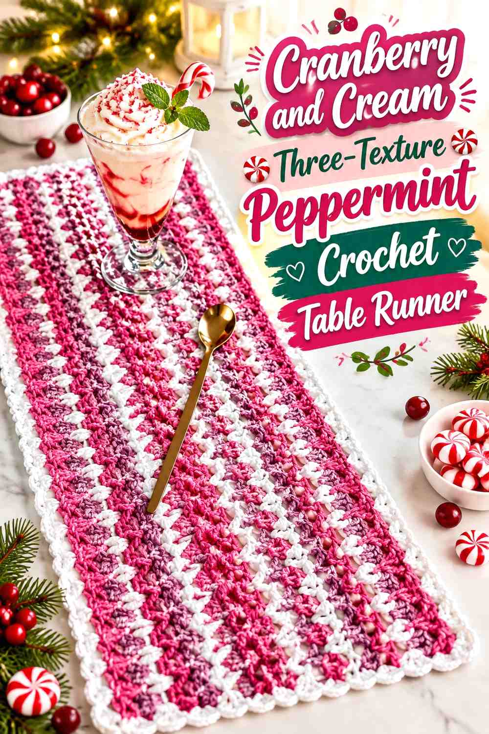 Cranberry and Cream Three-Texture Peppermint Crochet Table Runner
