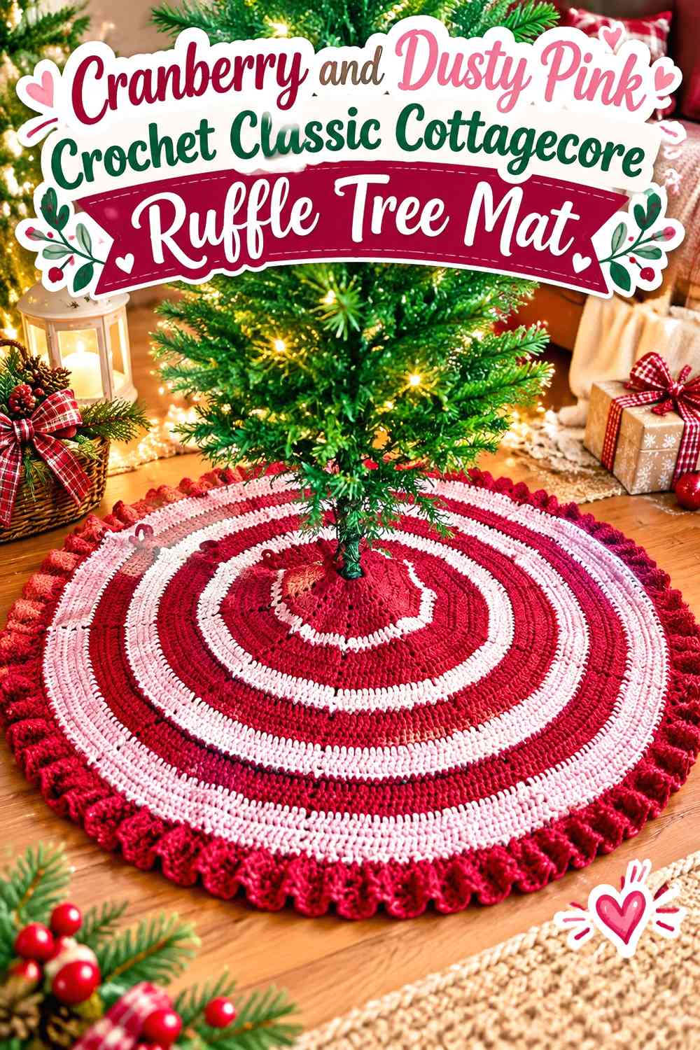Cranberry and Dusty Pink Crochet Classic Cottagecore Ruffle Tree Mat
