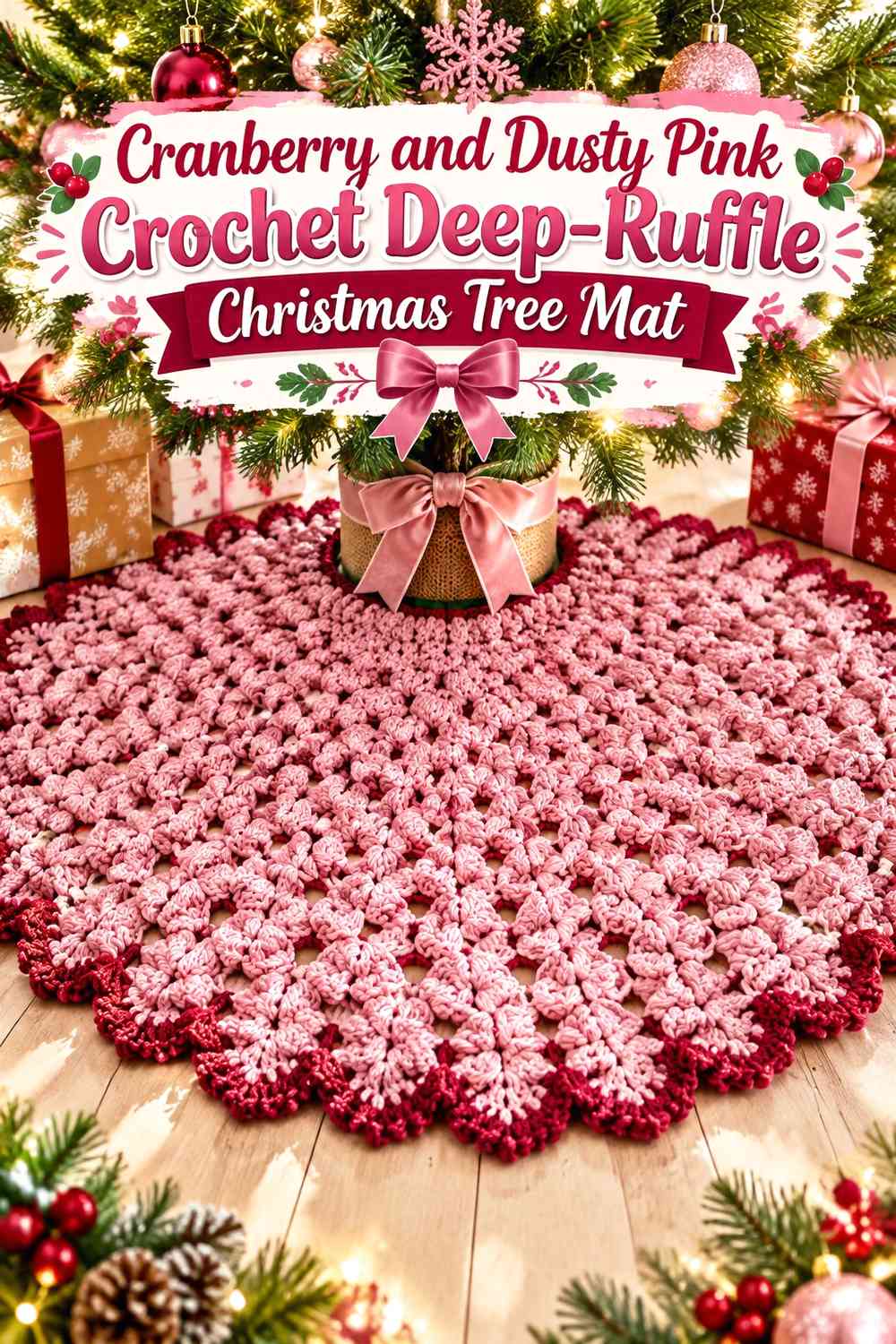 Cranberry and Dusty Pink Crochet Deep-Ruffle Christmas Tree Mat