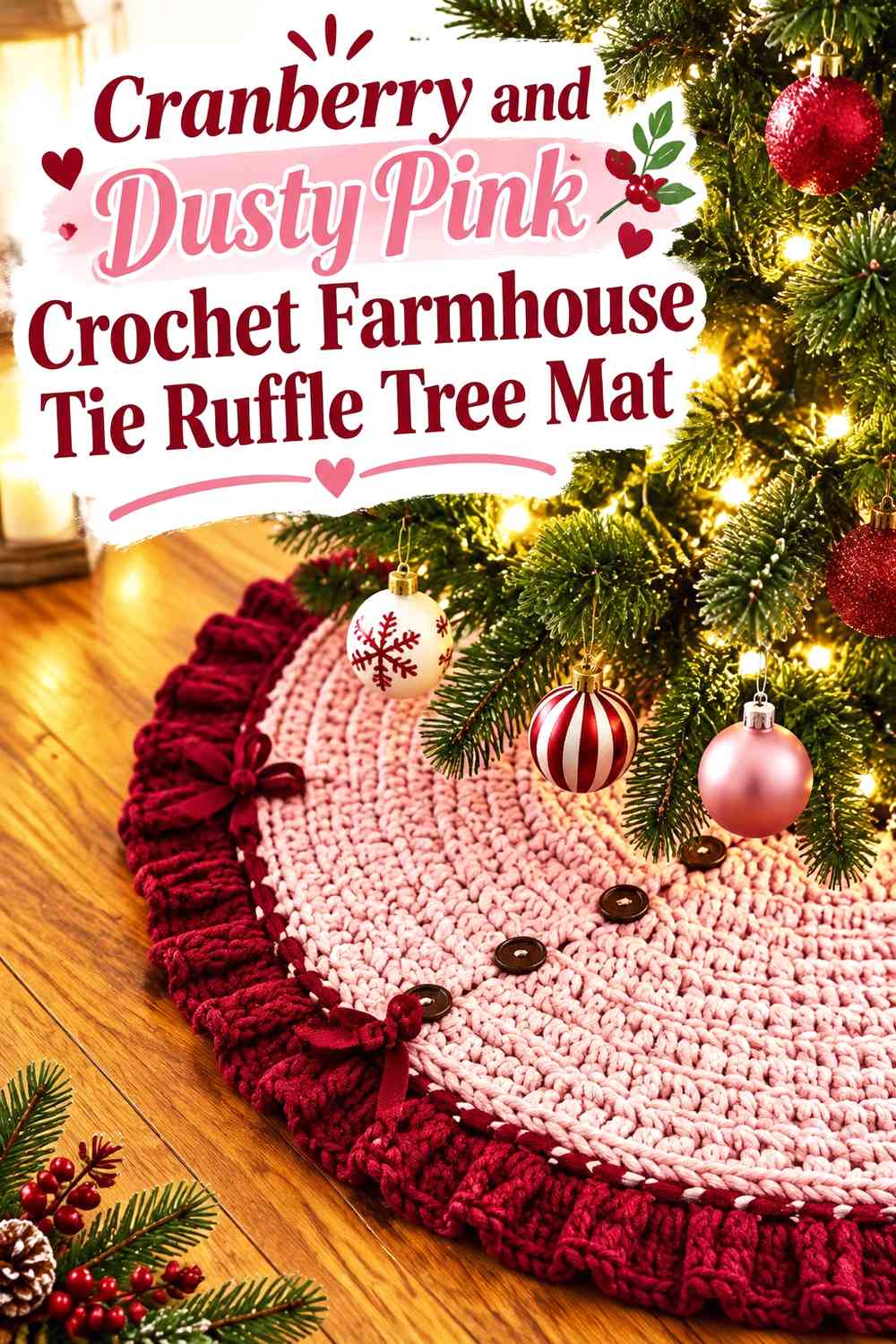 Cranberry and Dusty Pink Crochet Farmhouse Tie Ruffle Tree Mat