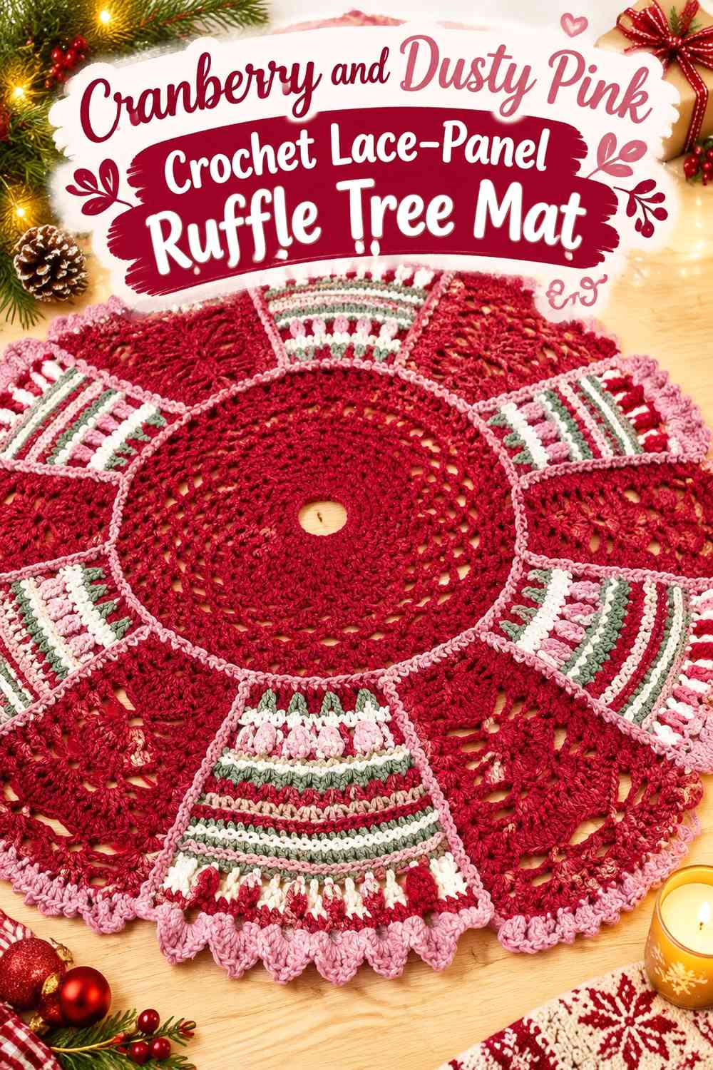 Cranberry and Dusty Pink Crochet Lace-Panel Ruffle Tree Mat