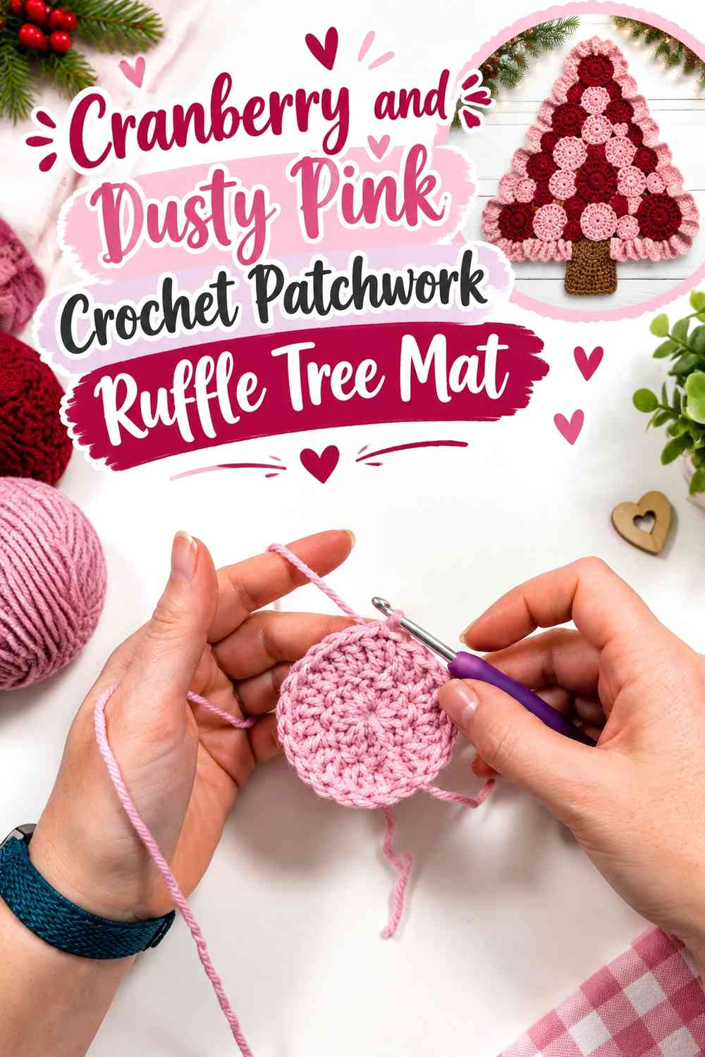 Cranberry and Dusty Pink Crochet Patchwork Ruffle Tree Mat