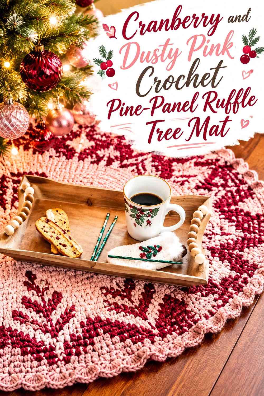 Cranberry and Dusty Pink Crochet Pine-Panel Ruffle Tree Mat