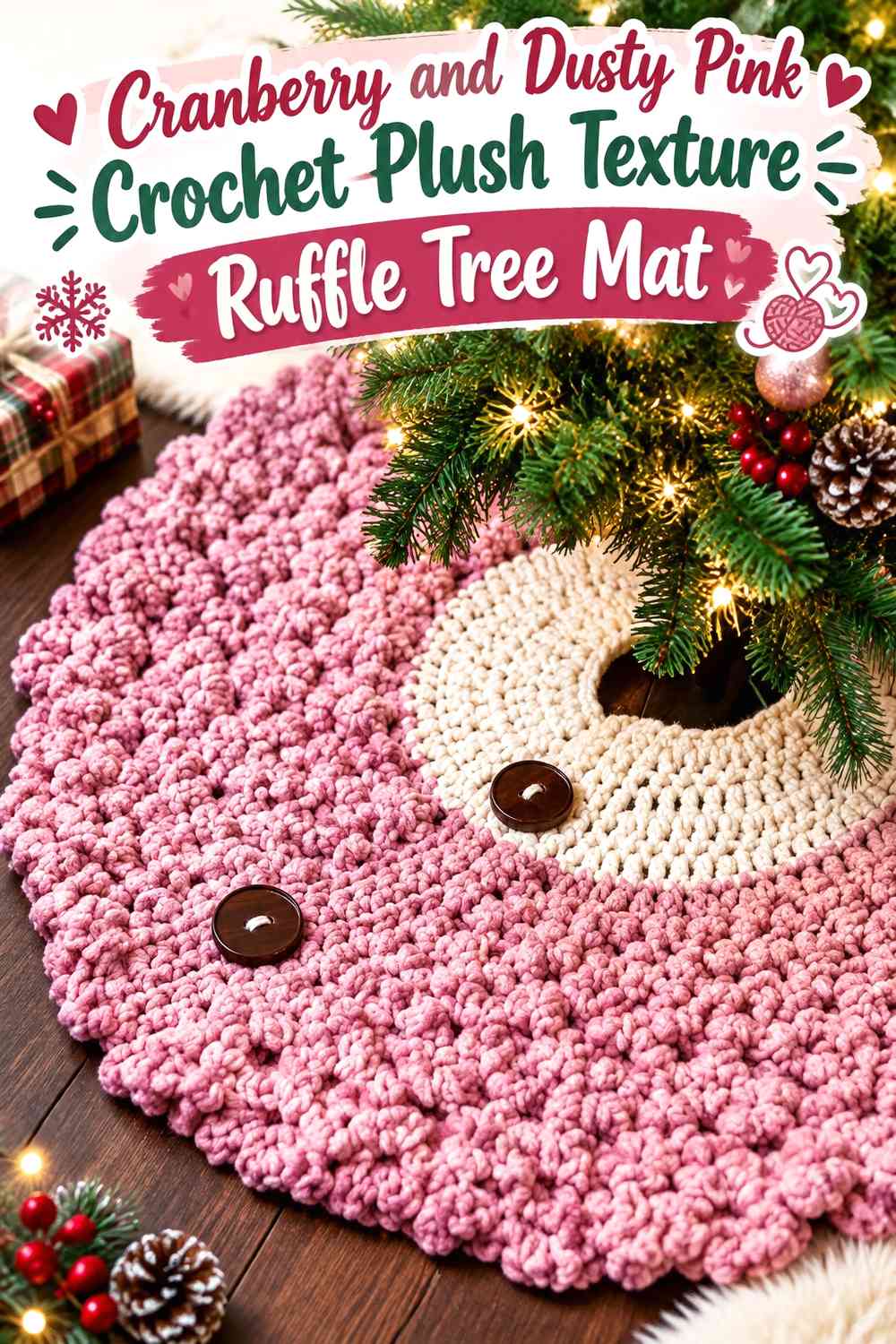 Cranberry and Dusty Pink Crochet Plush Texture Ruffle Tree Mat