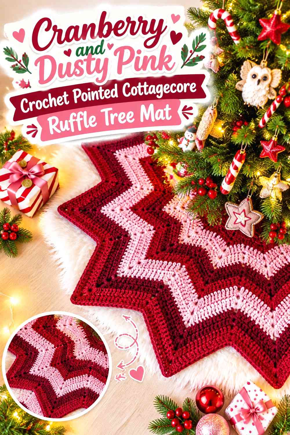 Cranberry and Dusty Pink Crochet Pointed Cottagecore Ruffle Tree Mat