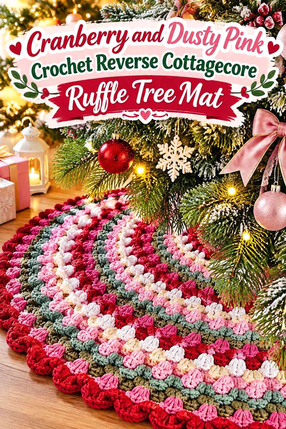 Cranberry and Dusty Pink Crochet Reverse Cottagecore Ruffle Tree Mat