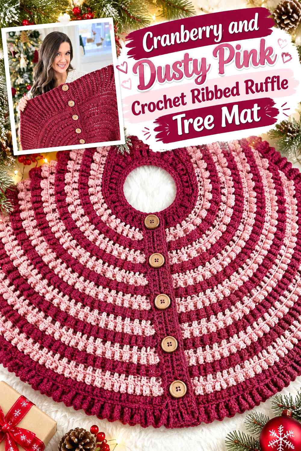 Cranberry and Dusty Pink Crochet Ribbed Ruffle Tree Mat