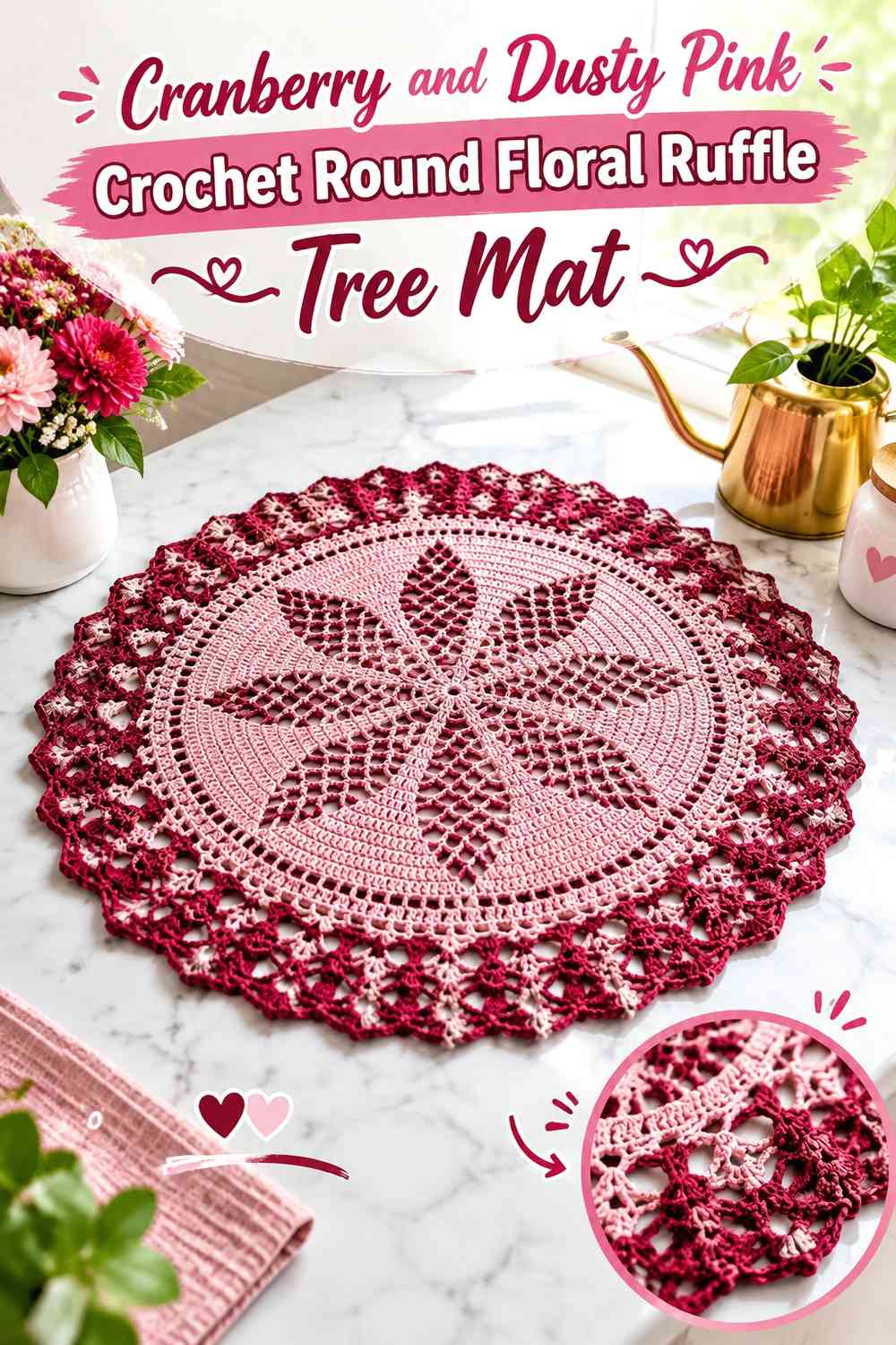 Cranberry and Dusty Pink Crochet Round Floral Ruffle Tree Mat