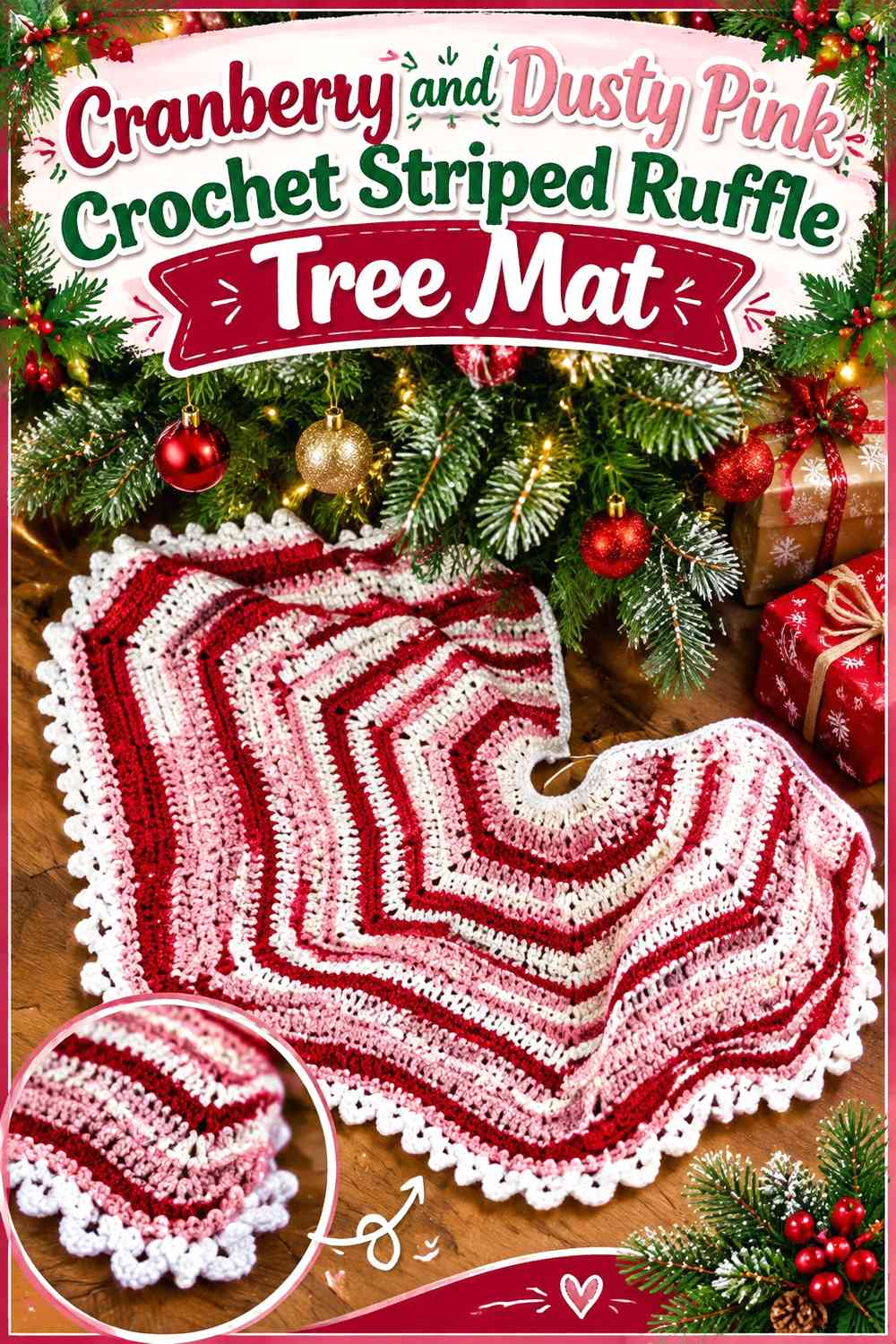 Cranberry and Dusty Pink Crochet Striped Ruffle Tree Mat