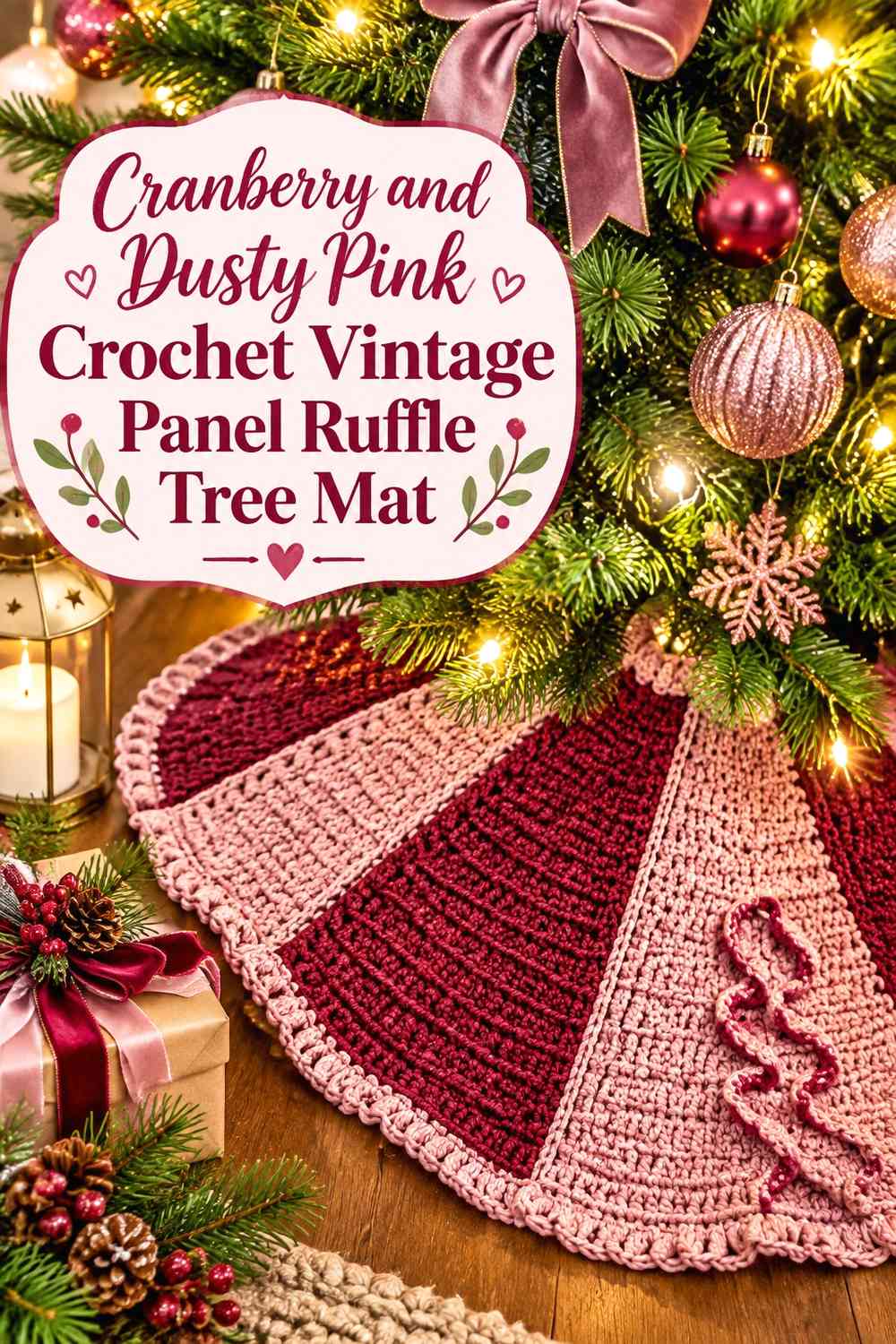 Cranberry and Dusty Pink Crochet Vintage Panel Ruffle Tree Mat
