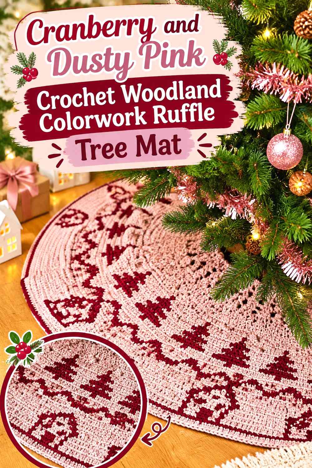 Cranberry and Dusty Pink Crochet Woodland Colorwork Ruffle Tree Mat