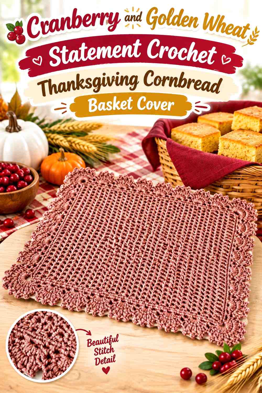 Cranberry and Golden Wheat Statement Crochet Thanksgiving Cornbread Basket Cover