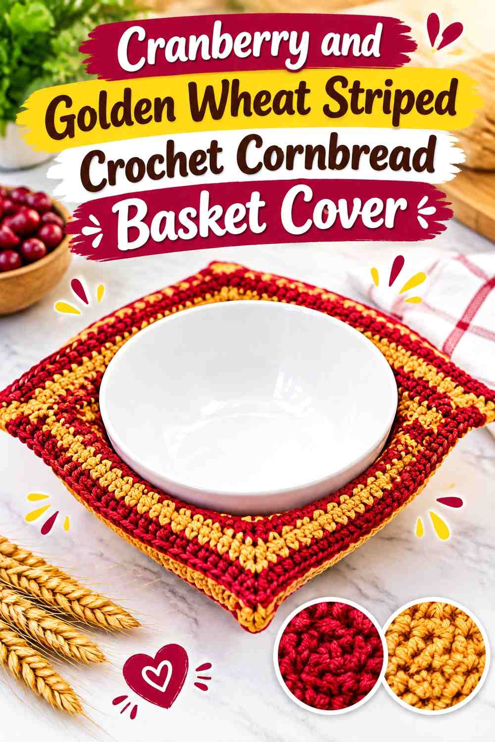 Cranberry and Golden Wheat Striped Crochet Cornbread Basket Cover