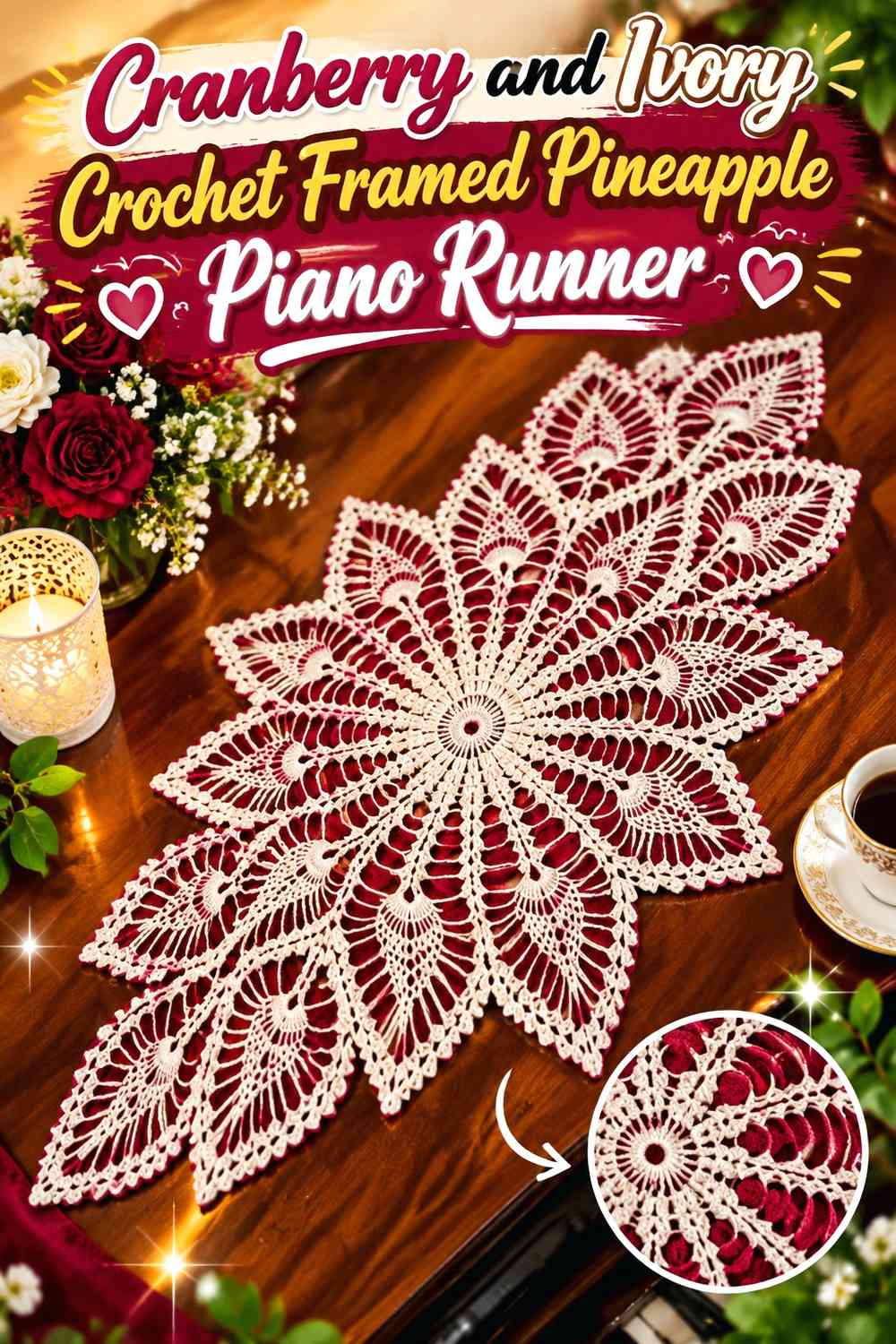 Cranberry and Ivory Crochet Framed Pineapple Piano Runner