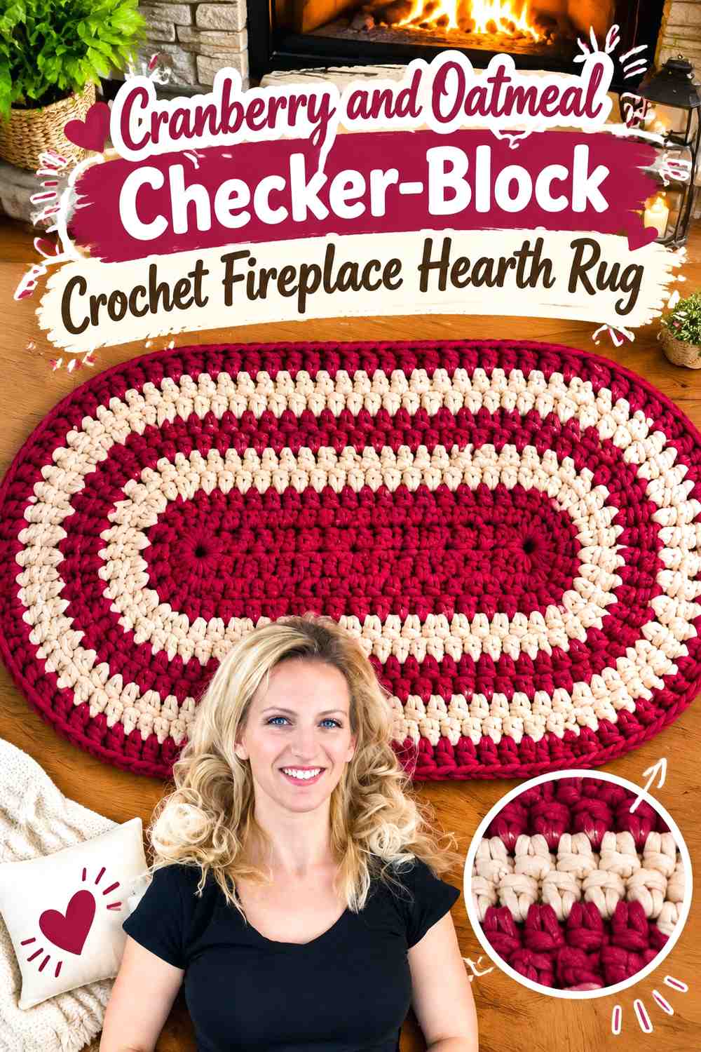 Cranberry and Oatmeal Checker-Block Crochet Fireplace Hearth Rug