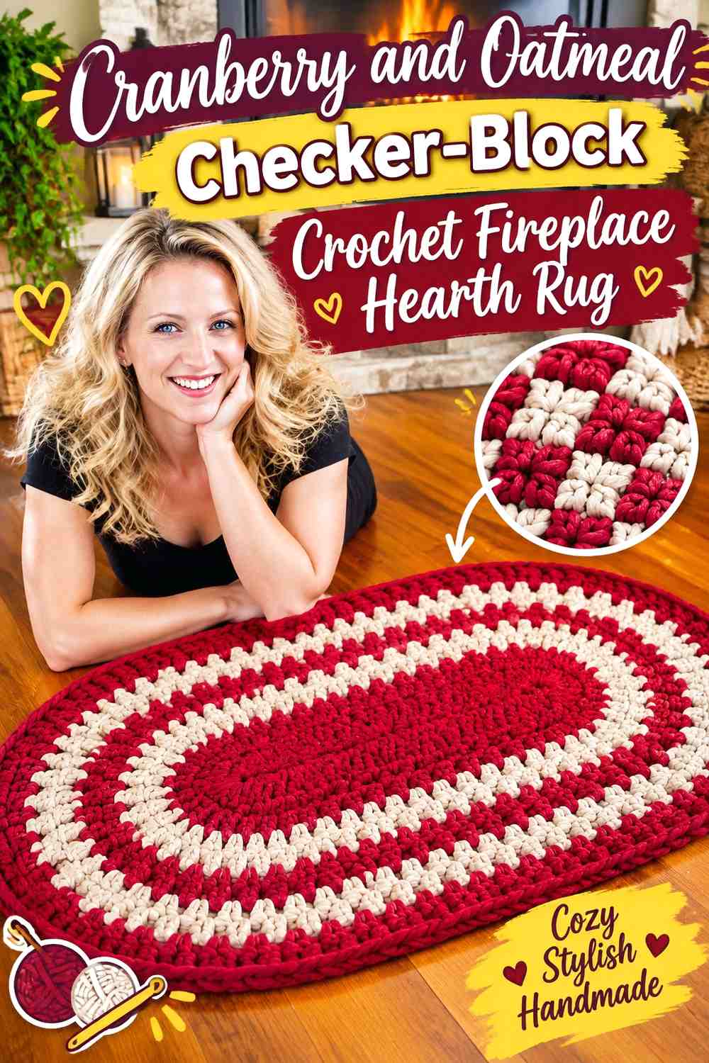 Cranberry and Oatmeal Checker-Block Crochet Fireplace Hearth Rug
