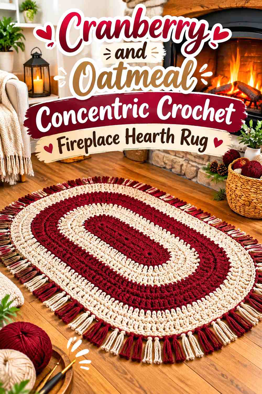 Cranberry and Oatmeal Concentric Crochet Fireplace Hearth Rug